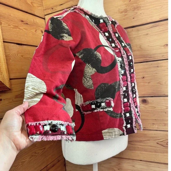 Parsley & Sage Red Abstract Beaded Fringe Jacket Womens Small Art To Wear Blazer - Picture 4 of 10